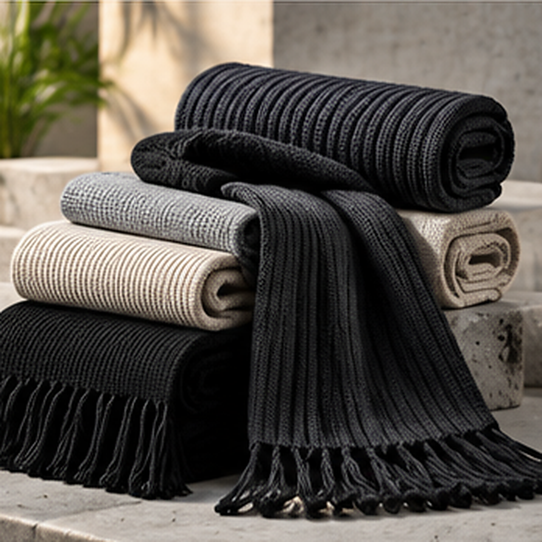 PRO KNITT custom knitted scarves collection in black gray and cream